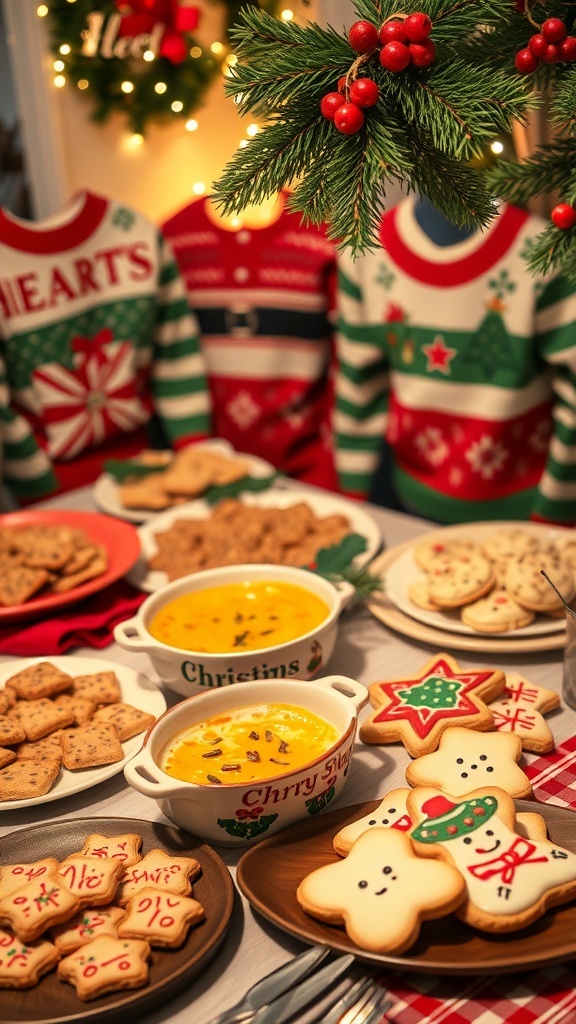 A festive Christmas party table with cheesy dip and holiday cookies, decorated with lights and pine branches.